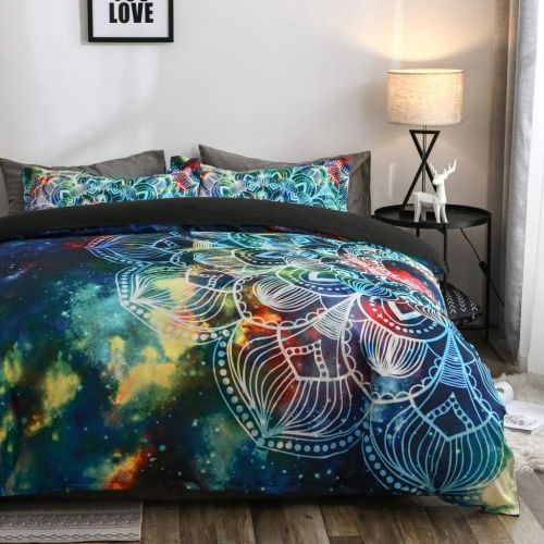  [아마존베스트]Abojoy Boho Chic Bedding Rustic Floral Mandala Galaxy Duvet Cover Set Twin Size, Bohemian Native Outer Space Decorative Blue 2 Piece Bedding Set with 1 Pillow Sham(Twin, Style1)