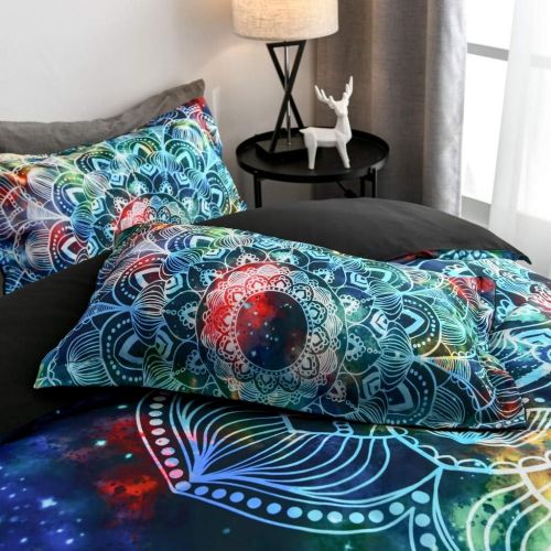  [아마존베스트]Abojoy Boho Chic Bedding Rustic Floral Mandala Galaxy Duvet Cover Set Twin Size, Bohemian Native Outer Space Decorative Blue 2 Piece Bedding Set with 1 Pillow Sham(Twin, Style1)