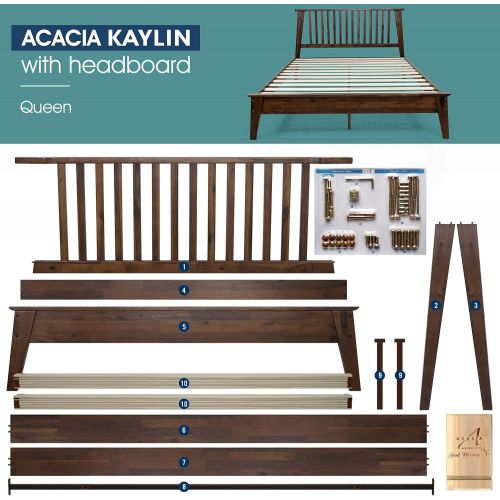  Acacia Kaylin 14 Inch Wood Platform Bed Frame with Headboard, Queen Chocolate