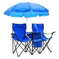 Acazon Folding Picnic Double Chair with Removable Umbrella Table Cooler, Portable Outdoor Reclining Camp Chairs for Beach, Camping, Picnic(US Stock)