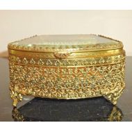 /AccentsAntiquesMore Vintage Ormolu Gold Filigree Glass Jewelry Casket Box