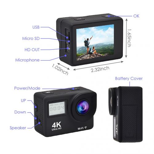  Accfly Sports Action Camera, 4K Waterproof Sport Camera,170 Degree Wide Angle WiFi HD Cam, 12MP 2 Rechargeable Battery