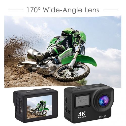  Accfly Sports Action Camera, 4K Waterproof Sport Camera,170 Degree Wide Angle WiFi HD Cam, 12MP 2 Rechargeable Battery