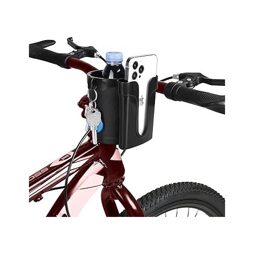  Accmor 3-in-1 Bike Cup Holder with Cell Phone Keys Holder, Bike Water Bottle Holders, Universal Bar Drink Cup Can Holder for Bicycles, Motorcycles, Scooters, Black