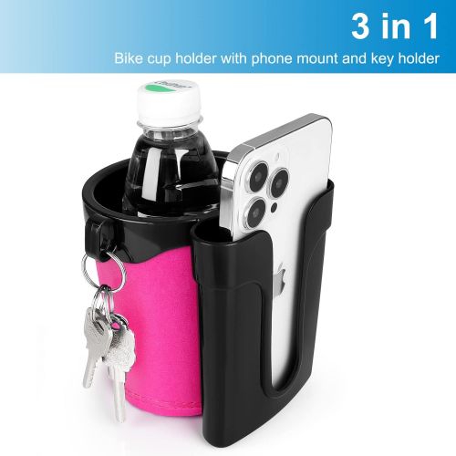  Accmor Bike Cup Holder with Cell Phone Keys Holder, Universal Bar Drink Cup Can Holder for Bicycles, Motorcycles, Scooters, Black Pink