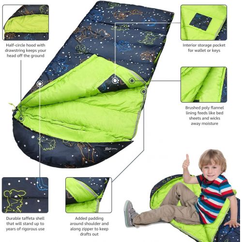  [아마존베스트]AceCamp Kids Sleeping Bag, Glow-in-The-Dark Sleeping Bag for Kids and Youth, Portable Water-Resistant Kids Sleeping Bag, Temp Rating 30F/ -1℃, For Camping, Hiking, Slumber Party