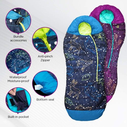  AceCamp Kids Toddler Nap Glow-in-The-Dark Sleeping Bag Blue Purple Mummy Style 30F -1C Head Bundle Bottom Seal Enclosed Pocket Boys Girls-Best Gift Christmas Birthday