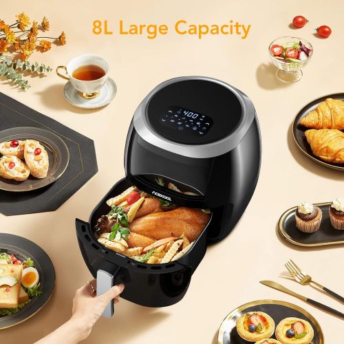  Air Fryer XL, Acekool 8.5 QT Large Airfryer with Visible Window, 8 Cooking Presets, LED Digital Touch Screen, Non-Stick Dishwasher-Safe Basket,1700W