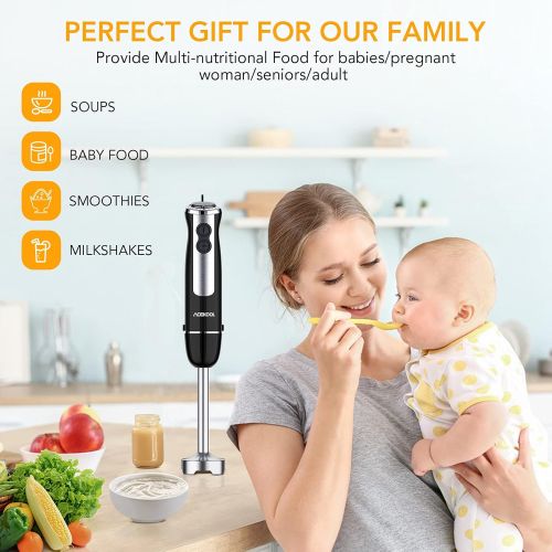  [아마존베스트]Acekool Hand Blender, 5-in-1 Immersion Stick Blender 12-Speed 800W Electric Handheld Blender Set with 500ml Chopper, 600ml Container, Milk Frother, Egg Whisk for Puree Infant Food, Smoothi