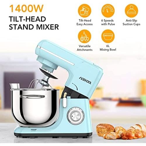  Acekool Food Processor Kneading Machine, 1400 W 6 L Dough Kneading Machine, 6 Speed with Stainless Steel Bowl, Dough Machine, Kneading Machine with Dough Hook, Whisk, Whisk and Spl