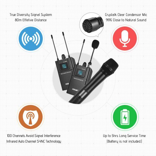  Acemic ACEMIC DV100SET Dual Channel UHF Wireless Microphone System with 1 Transmitter & 1 Receiver & 1 Handheld Microphone for Canon Nikon DSLR Camera Camcorder Interview Sound Recording