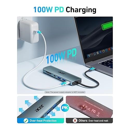 에이서 Acer USB C Hub, 7 in 1 USB C to HDMI Splitter, 2 USB 3.1 GEN1 and 5Gbps Type-C Data Port, 4K HDMI Port, PD 100W Charging, SD Card Reader, for iPad Pro MacBook Pro Acer Laptops and More