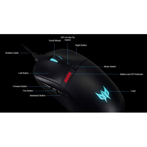 에이서 Acer Predator Cestus 350 Wireless Gaming Mouse: NVIDIA Reflex - Up to 16000 DPI - RGB Lighting - 8 Programmable Buttons - On-Board Memory - 5 Profile Settings - Pixart 3335 Sensor