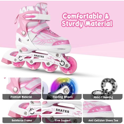  Aceshin Inline Skates for Girls Boys Kids - Adjustable Roller Skates with Light Up Wheels for Indoor Outdoor Blades Roller Skates for Children, Teens and Beginners