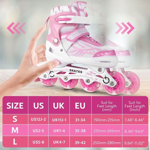  Aceshin Inline Skates for Girls Boys Kids - Adjustable Roller Skates with Light Up Wheels for Indoor Outdoor Blades Roller Skates for Children, Teens and Beginners