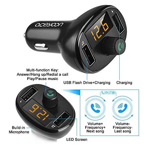  [아마존베스트]-Service-Informationen Aceyoon Car FM Transmitter Bluetooth 5.0 USB Charger Cigarette Lighter Quick Charge Car Audio Radio Adapter Hands-Free Kit LED Display for iOS and Android Devices