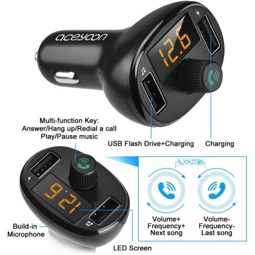  [아마존베스트]-Service-Informationen Aceyoon Car FM Transmitter Bluetooth 5.0 USB Charger Cigarette Lighter Quick Charge Car Audio Radio Adapter Hands-Free Kit LED Display for iOS and Android Devices