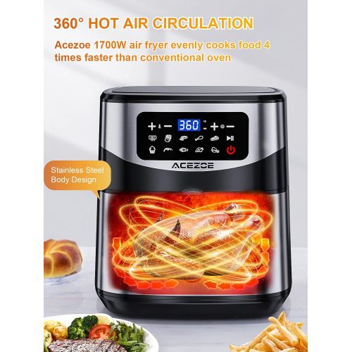  Acezoe Air Fryer 7.4 Quart , 9 Presets Electric Air Fryers Oven with Preheat, 1700-Watt Hot Air Fryers with LED Digital Touchscreen,Nonstick Basket,Recipes, Stainless Steel Large X