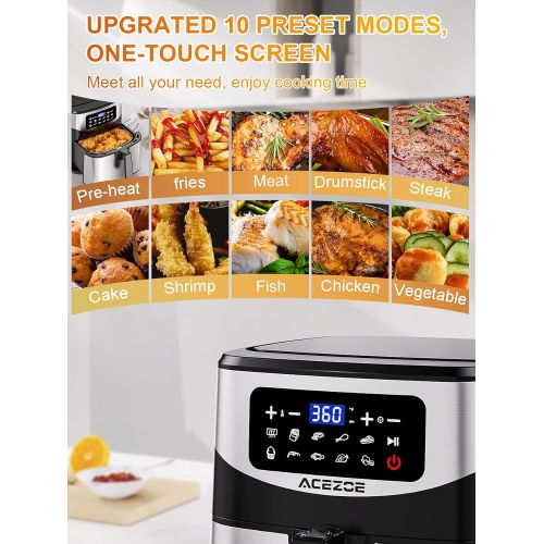  Acezoe Air Fryer 7.4 Quart , 9 Presets Electric Air Fryers Oven with Preheat, 1700-Watt Hot Air Fryers with LED Digital Touchscreen,Nonstick Basket,Recipes, Stainless Steel Large X