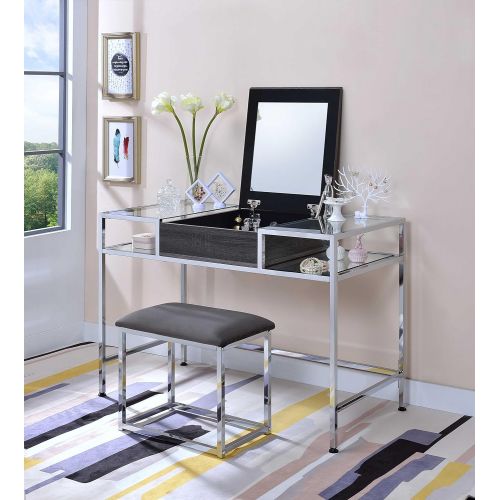  Acme Furniture 90310 Carenza Chrome and Gray Oak Vanity and Stool