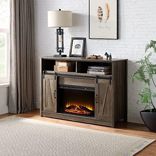  Acme Furniture Acme Tobias Electric Fireplace Rustic Farmhouse TV Stand with Sliding Barn Door for TVs up to 55, Rustic Oak Finish