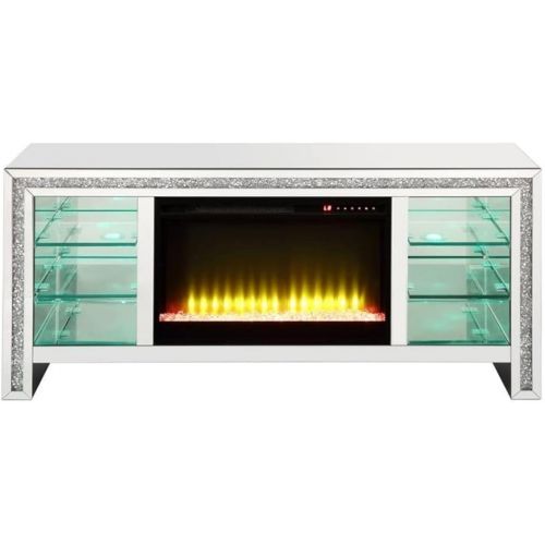  Acme Furniture Acme Noralie TV Stand with Fireplace & LED in Mirrored & Faux Diamonds