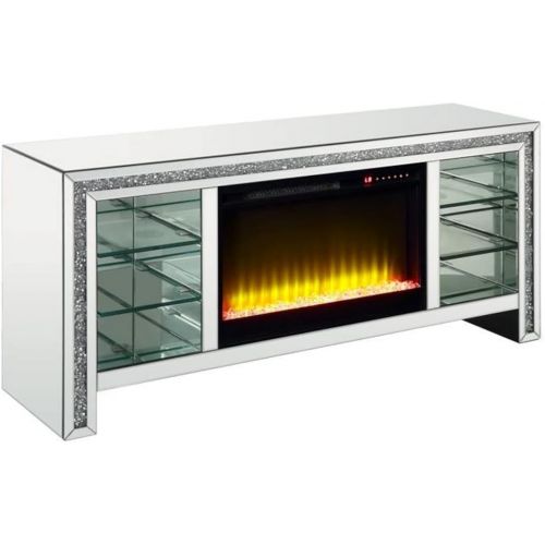  Acme Furniture Acme Noralie TV Stand with Fireplace & LED in Mirrored & Faux Diamonds