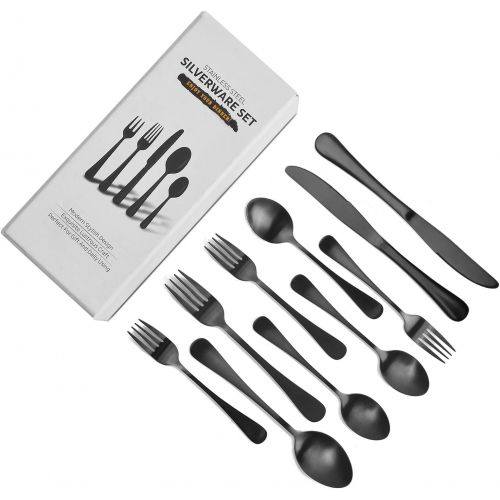  Acnusik Matte Black Silverware Set Serve for 8, 40 Pieces Heavy Stainless Steel Flatware Set Utensils Cutlery Tableware Set Including Steak Knife Fork and Spoon, Gift Package for Wedding H