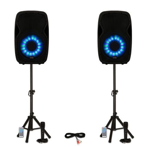  Acoustic Audio by Goldwood Acoustic Audio AA15LBS Powered 2000W 15 Bluetooth Flashing LED Speakers with Mics and Stands