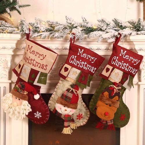  Acronde 3PCS Christmas Stockings 18 Xmas Big Stockings with Santa, Snowman, Elk for Christmas Tree Fireplace Hanging Holiday Party Decorations (Red and Green)