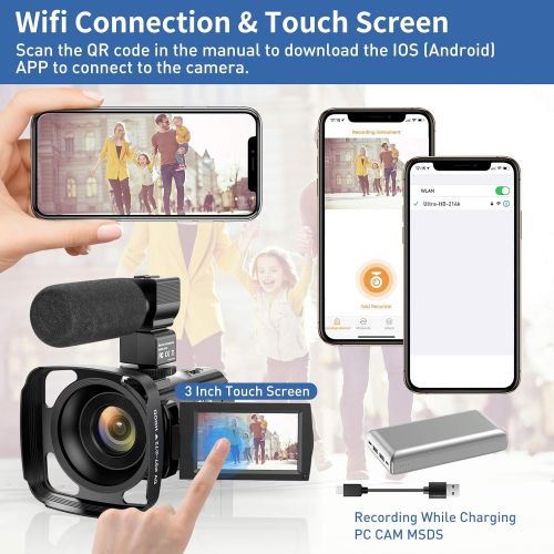  Actinow Video Camera 4K Camcorder Ultra HD 48MP WiFi IR Night Vision Vlogging Camera 3 IPS Touch Screen 16X Digital Zoom Digital YouTube Camera Recorder with Microphone,Stabilizer,Hood,Rem