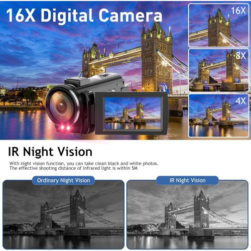  Actinow Video Camera 4K Camcorder Ultra HD 48MP WiFi IR Night Vision Vlogging Camera 3 IPS Touch Screen 16X Digital Zoom Digital YouTube Camera Recorder with Microphone,Stabilizer,Hood,Rem