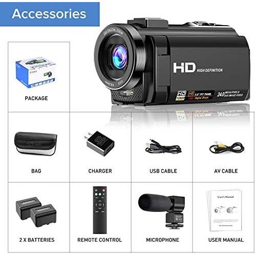  Actinow Video Camera Camcorder YouTube Vlogging Camera FHD 1080P 30FPS 24MP 16X Digital Zoom 3 LCD 270 Degrees Rotatable Screen Digital Camera Recorder with Microphone,Remote Control,2 Bat