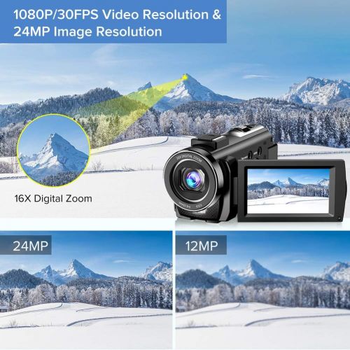  Actinow Video Camera Camcorder YouTube Vlogging Camera FHD 1080P 30FPS 24MP 16X Digital Zoom 3 LCD 270 Degrees Rotatable Screen Digital Camera Recorder with Microphone,Remote Control,2 Bat