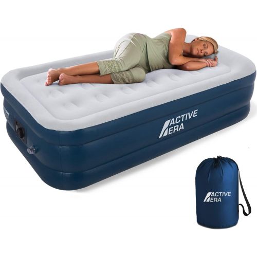  [아마존베스트]Active Era Premium Twin Air Mattress (Single) with Built-in Pump & Raised Pillow  Elevated Double High Inflatable Airbed for Guests - Puncture Resistant with Waterproof Flocked To