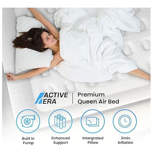  Active Era Premium Queen Air Mattress with Built in Pump, Raised Pillow, Puncture Resistant Waterproof Soft Top, Elevated Inflatable Bed for Guests, Queen Size Blow Up Mattress, Quick Electric Pump