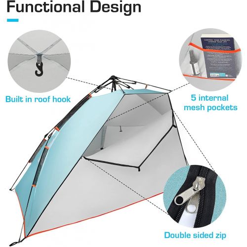  Active Era Premium Beach Tent Easy Setup ? Portable 3-4 Person Beach Shade Tent Sun Shelter with UPF 50+ Rated Sun Protection & Extended Porch - Beach Tents Sun Shelter Beach Essen