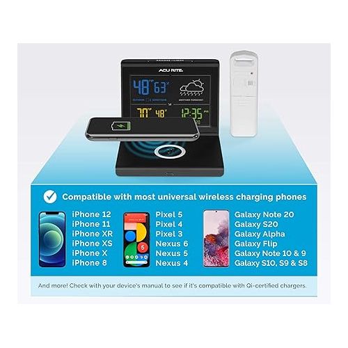  AcuRite Weather Forecaster with Wireless Charging Pad, Alarm Clock with Indoor/Outdoor Temperature and Humidity and Calendar (01193M),Black