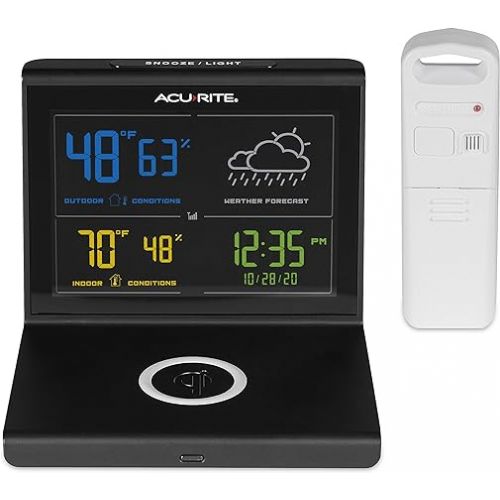  AcuRite Weather Forecaster with Wireless Charging Pad, Alarm Clock with Indoor/Outdoor Temperature and Humidity and Calendar (01193M),Black