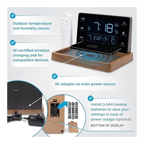  Weather Valet with Qi-Certified Wireless Charging Pad, Auto-Dimming LCD Screen, Alarm Clock, Hyperlocal Forecast, Outdoor Temperature and Humidity Measurements, and Indoor Temperature Reading (02047)