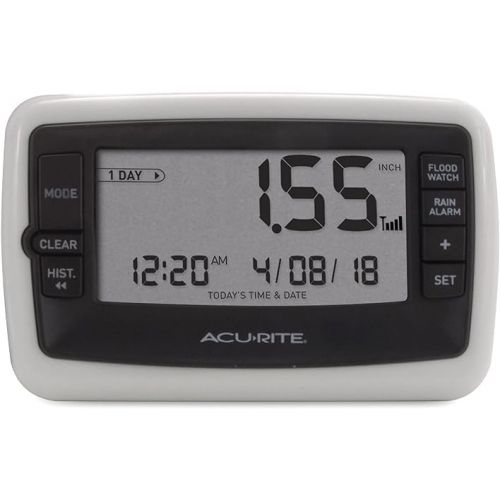  AcuRite Wireless Digital Rain Gauge with Self-Emptying Collector with Rainfall History, Alerts, and Current Date and Time (00899), Multicolor