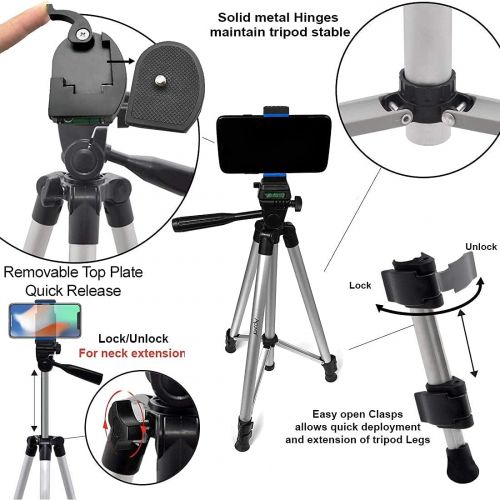  [아마존베스트]Acuvar 50 Inch Aluminum Camera Tripod with Quick Release + Universal Smartphone Mount for iPhone 12, iPhone 12 Mini, iPhone 12 PRO Max, iPhone 11 Pro, 11 Pro Max, Xs, SE 2, Xr, X,