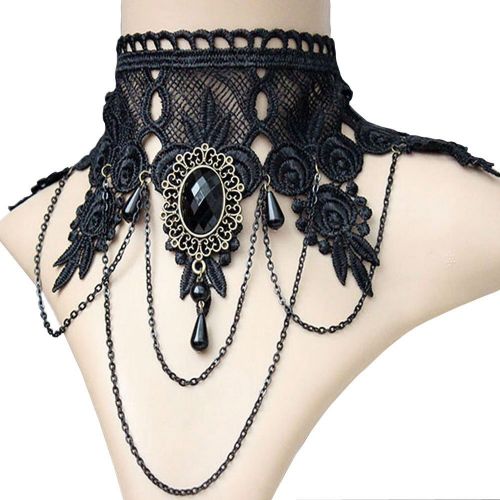  Acxico Black Punk Dress Accessories Party Queen Gem Wide Lace Necklace
