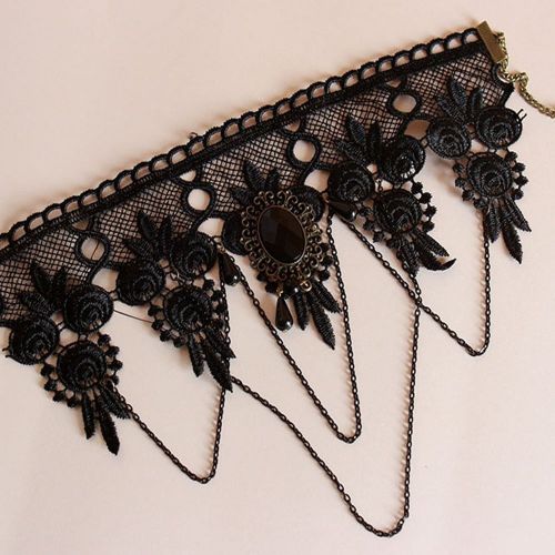  Acxico Black Punk Dress Accessories Party Queen Gem Wide Lace Necklace