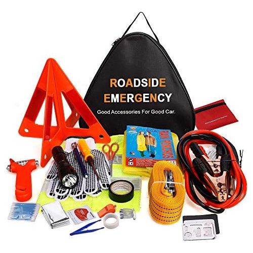  Adakiit Car Emergency Kit, Multifunctional Roadside Assistance Auto Safty Kit ,First Aid Kit, Jumper Cables, Tow Rope, Triangle, Flashlight, Safety Hammer and More Ideal Survival P
