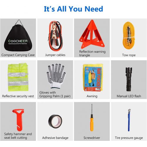  Adakiit Car Emergency Kit, Multifunctional Roadside Assistance Auto Safty Kit ,First Aid Kit, Jumper Cables, Tow Rope, Triangle, Flashlight, Safety Hammer and More Ideal Survival P