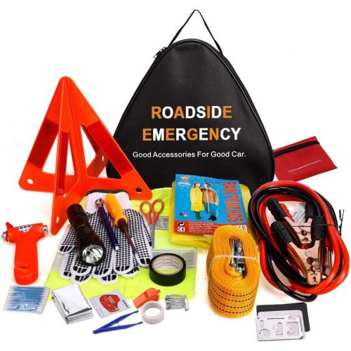  Adakiit Car Emergency Kit, Multifunctional Roadside Assistance Auto Safty Kit ,First Aid Kit, Jumper Cables, Tow Rope, Triangle, Flashlight, Safety Hammer and More Ideal Survival P