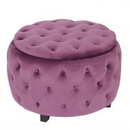 Adeco Round Storage Ottoman, Fabric Foot Rest and Seat, Modern Button Tufted, Wood Legs, Height 18 Inch (Round, Purple)