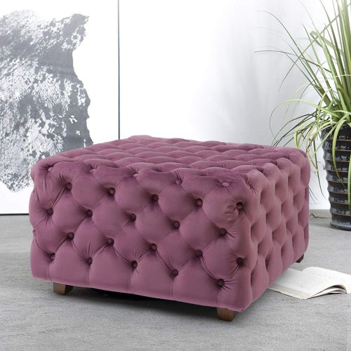  Adeco Round Storage Ottoman, Fabric Foot Rest and Seat, Modern Button Tufted, Wood Legs, Height 18 Inch (Round, Purple)