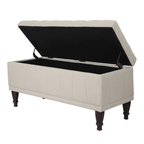  Adeco OF0043 Faux Linen Sturdy Design Rectangular Tufted Lift Top Storage Bench Footstool with Solid Wood Legs Ottomans & Storage Ottomans White